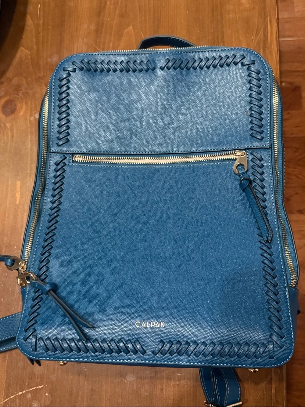 Calpak Teal-Blue Leather Top Handle Backpack with Whipstitch